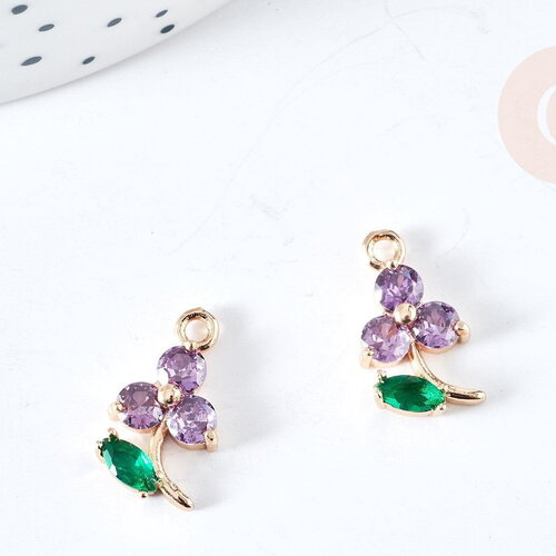 Pendentif fleur zircons violet laiton doré 17mm,pendentif fleurs création bijoux, x1 (g8404)