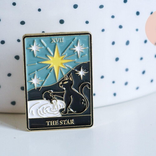 Broche pins carte tarot l'étoile mystique émail noir doré émail 30.5mm,décoration veste, x1 (g6715)