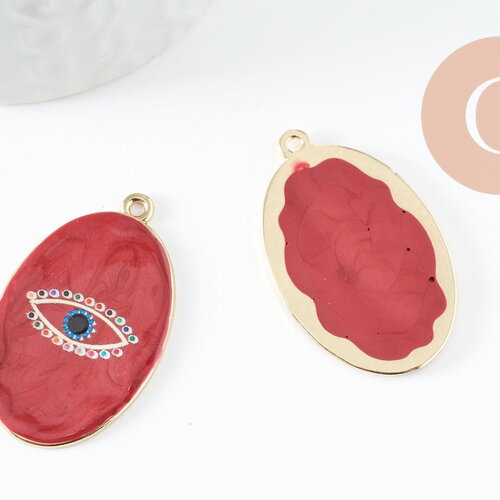 Pendentif ovale oeil protecteur émail rouge bordeau zamac doré 39mm, pendentif laiton émaillé,sans nickel, x1 (g5915)