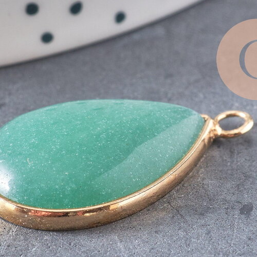 Pendentif goutte aventurine verte naturelle fer doré 31mm, x1 (g2333)