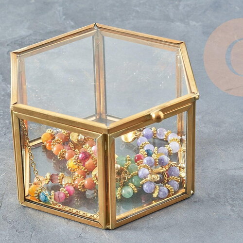 Boite à bijoux hexagone verre et laiton 111mm, x1 (g5083)
