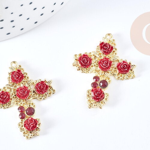 Pendentif croix roses rouge résine zamac doré 18k 37mm, x1 (g8558)