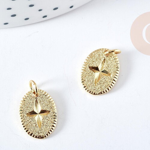 Pendentif ovale étoile doré laiton avec anneau de jonction 18.5mm, pendentif doré pour création bijoux diy, x1 g8864