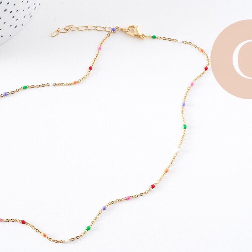 Collier chaine acier 304 inoxydable doré 14k résine multicolore 2mm-41cm, x1 (g10240)