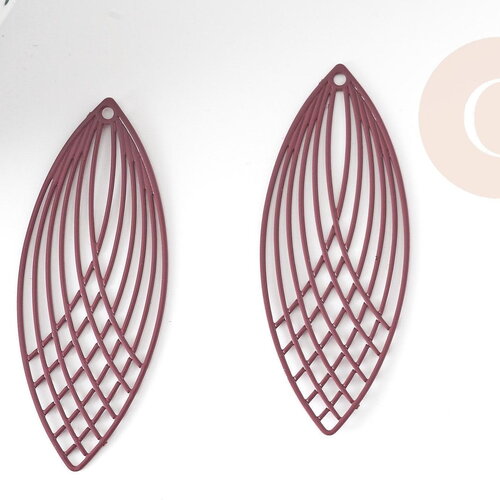 Pendentif estampe filigrane feuille ovale laiton violet, pendentif très fin et léger, 40x16mm, x2 (g3729)