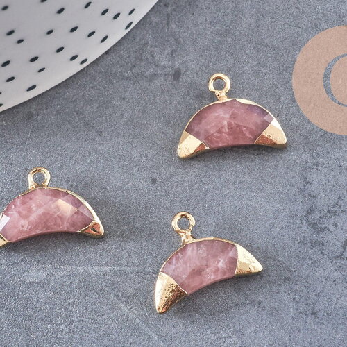Pendentif croissant lune quartz fraise doré,lune quartz,pendentif pierre,quartz fraise naturel,18mm x1 (g0829)