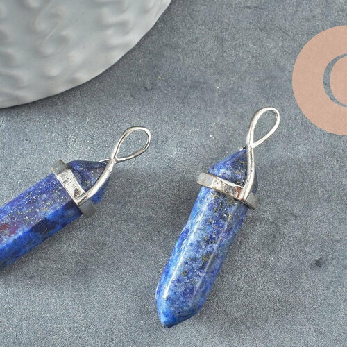 Pendentif pointe lapis lazulis naturel zamac argenté 40mm, x1 (g4078)