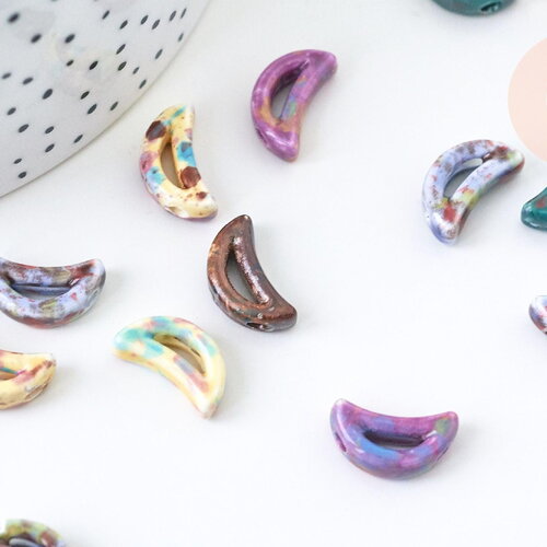 Perles en porcelaine lune 16mm émail multicolore, création bijoux porcelaine céramique, x5 (g5649)