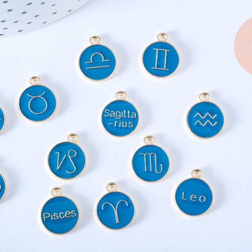 Pendentif rond constellation zamac doré émail bleu marine 15mm, x1 (g6666)