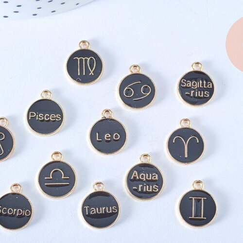 Pendentif rond constellation zamac doré zircon émail noir 15mm, x1 (g6667)