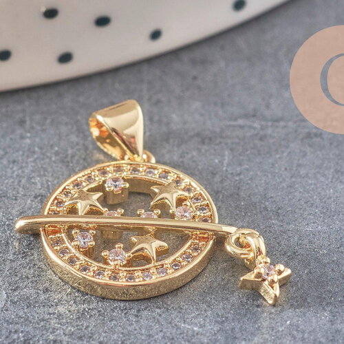 Pendentif rond planète étoiles laiton doré 18k zircons 21mm,pendentif doré création bijoux, x1 (g7388)
