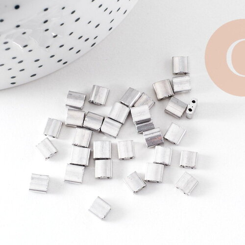 Perles rocaille verre rectangle plaqué argent, perle carré création bracelet, perle tila,4.5mm,2 trous, x50 (4.8gr) (g5487)