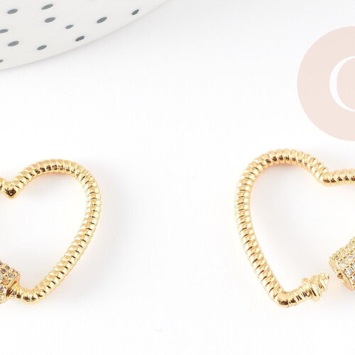 Fermoir à vis coeur laiton doré et strass 24mm, x1 (g3426)