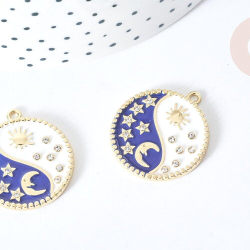 Pendentif soleil lune étoiles bleu zamac doré zircon 27.7mm, x1 (g8088)