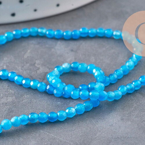 Perles agate naturelle bleu facettées 3mm, x1 fil de 38cm (g11096)