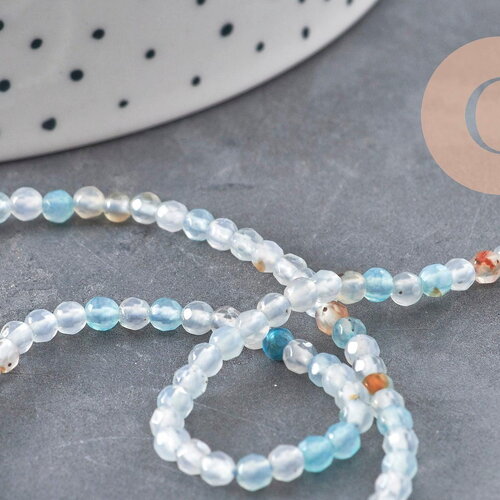 Perles agate naturelle bleu ciel facettées 3mm, x1 fil de 38cm (g11094)