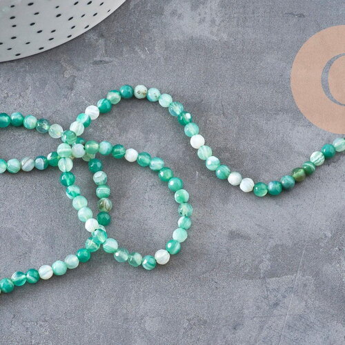 Perles agate rayée naturelle vert facettées 4mm, x1 fil de 38cm (g11093)