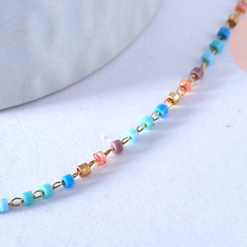 Collier chaine complète acier doré perles rocaille multicolores artisanales, création collier acier inoxydable doré,40.7cm, x1 g5407