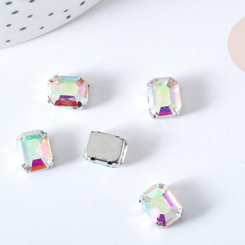 Cabochon rectangle cristal transparent irisé avec serti en laiton argenté 8x10mm, x5 (g8111)