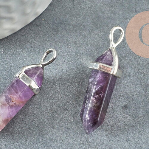 Pendentif pointe améthyste violette zamac platine 39mm, création bijoux pierre naturelle, x1 g1309