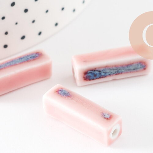Perle porcelaine rectangle rose-bleu 25~29mm,création bijoux céramique, x5 (g9352)