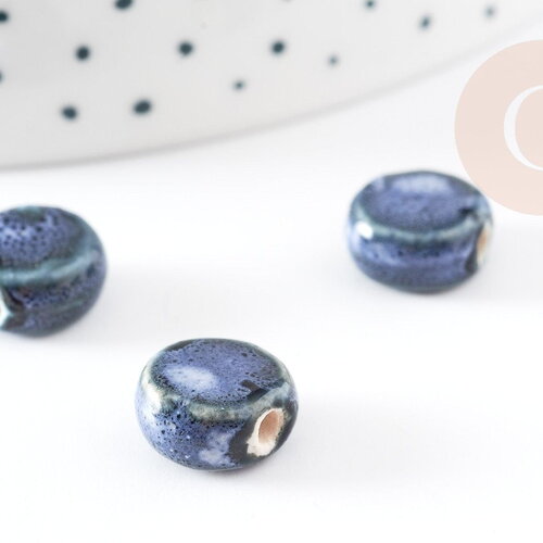 Perle porcelaine ronde bleu émaillé 10.5mm, perle céramique géométrique pour fabrication bijoux céramique, x5 (g9199)