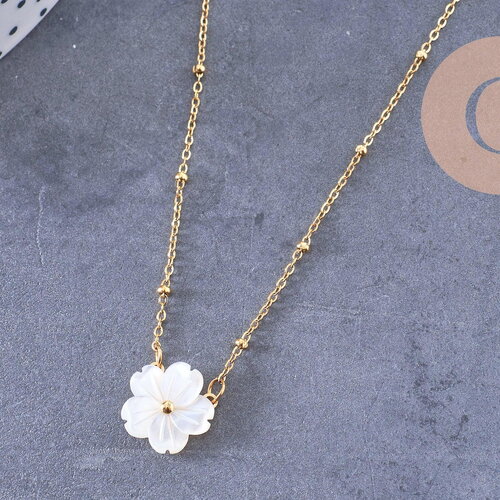 Collier collier fleur nacre naturelle chaine acier inoxydable doré pvd 18k 45cm, x1 (10581)