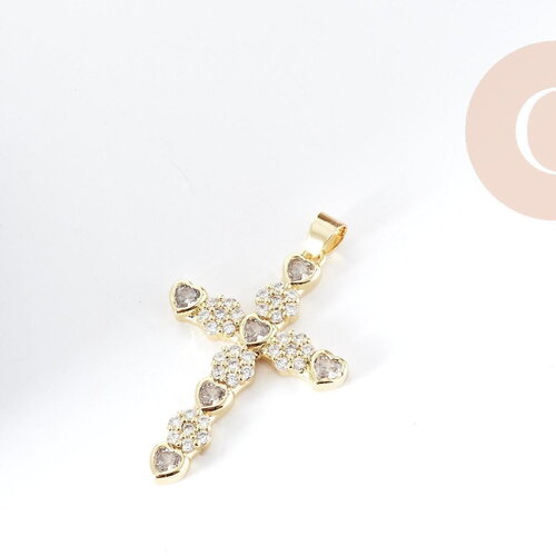 Pendentif croix laiton doré zircons 41.5mm, x1 (g8996)