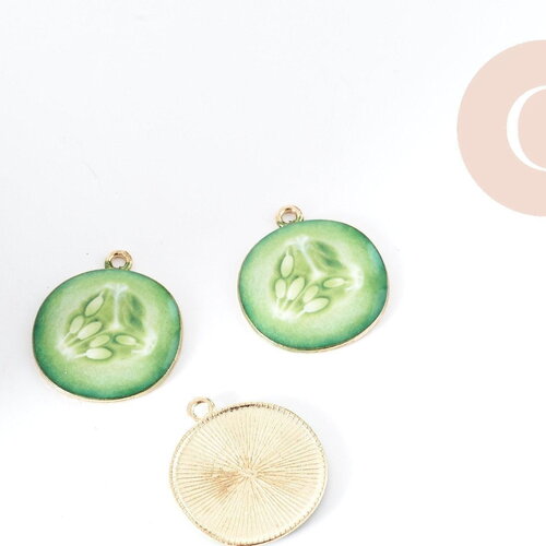 Pendentif concombre zamac doré émail vert 26mm, création bijoux fruits, x1 g9004