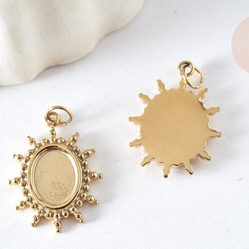 Pendentif soleil pour cabochon ovale acier 304 inoxydable doré ip 18mm , x1 (g8032)