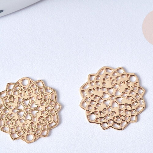 Connecteur rosace fleur laiton doré gravé 13,5mm, connecteur pour création pendentif romantique,x2 (g7788)