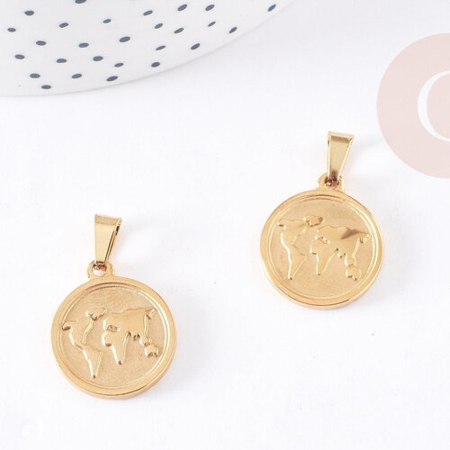Pendentif médaille ronde monde acier doré, pendentif doré,sans nickel,acier doré, médaille or,2.1cm,x1 (g1828)