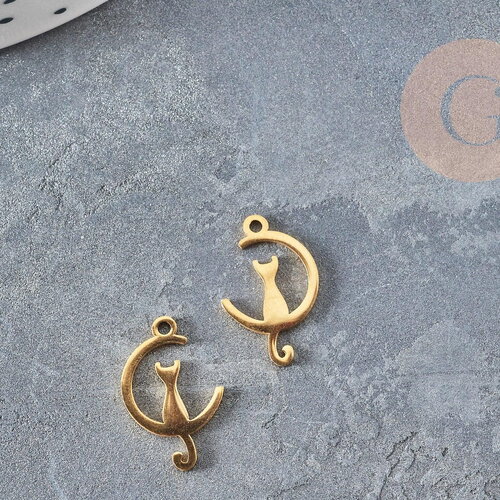 Pendentifs chat en acier 201 doré inoxydable 17.5mm, croissant de lune en forme de chat, création bijou acier doré x1 g4832