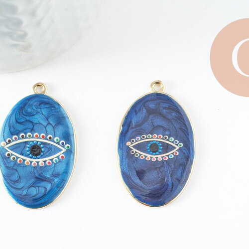 Pendentif ovale oeil protecteur émail bleu foncé zamac doré 39mm, x1 (g5930)