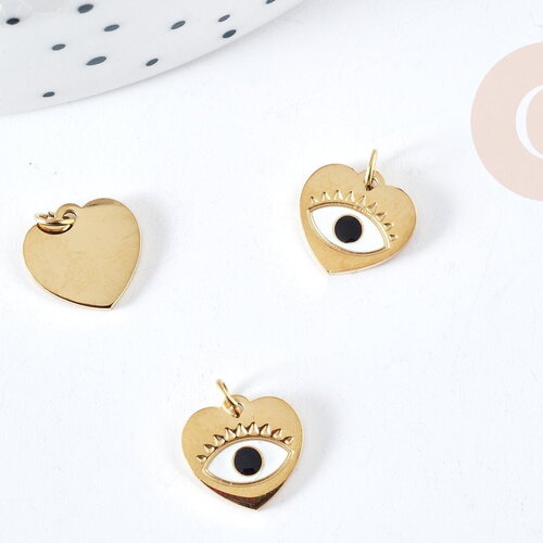 Pendentif coeur oeil acier doré 316 inoxydable émaillé 10mm, x1 (g8816)