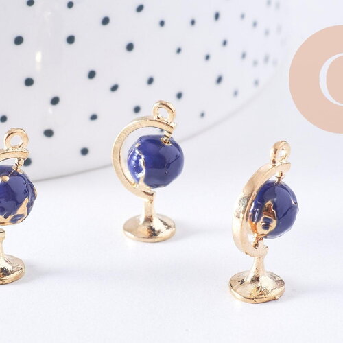 Pendentif rotatif globe terrestre monde émail bleu zamac doré 22mm, x1 (g4365)