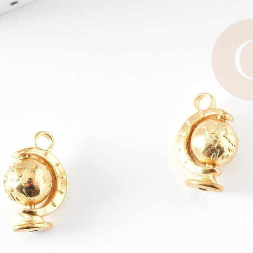 Pendentif rotatif globe terrestre zamac doré 18mm, x2 (g5239)