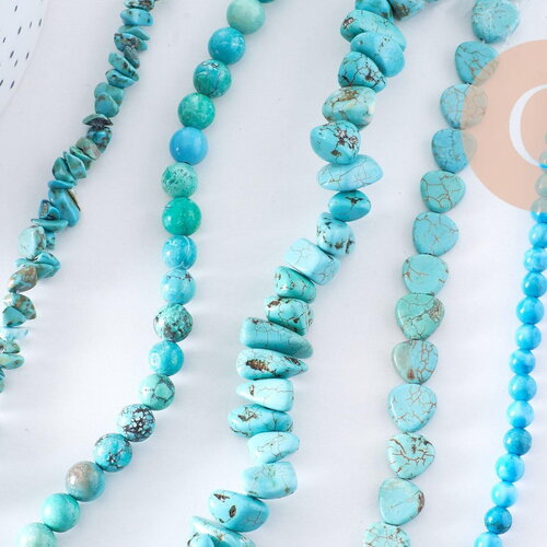 Perles howlite naturelle turquoise 12-14-16-18mm, x1 fil de 37cm (g1851)