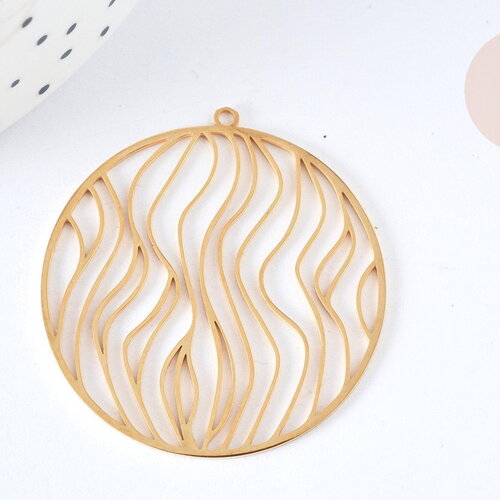 Pendentif filigrane rond vagues acier inoxydable 201 doré 39mm, création bijoux acier inoxydable, x1 g7255