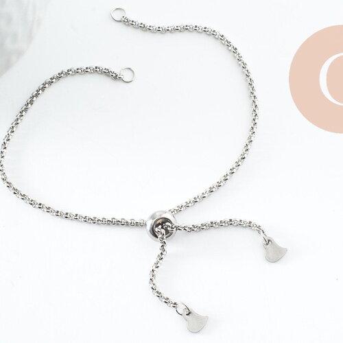Base de bracelet chaine rolo réglable acier 304 inoxydable platine 25cm, x1 (g9496)