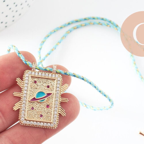 Collier médaille émaillée planète zircon zamac doré, collier cordon tressé 45cm x1 (g9566)