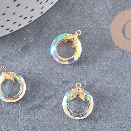Pendentif rond cristal irisé laiton doré 17mm, x1 (g3516)