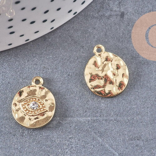 Breloque oeil protecteur zamac doré 18k cristal zircon,sans nickel,création bijoux chance, pendentif chance,17 mm, x1 g5460