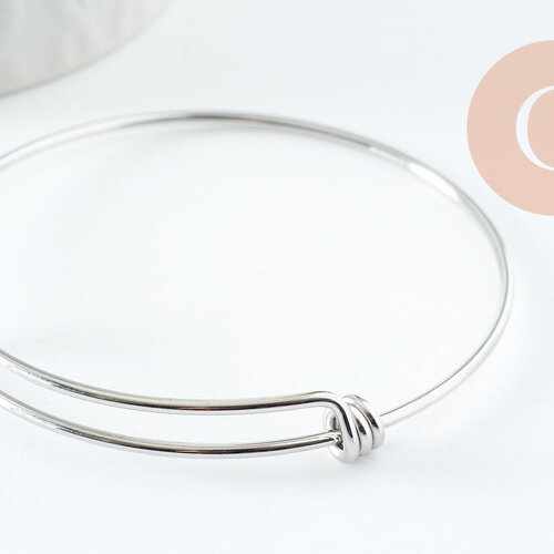 Bracelet jonc réglable lisse rond 1.6mm acier 316 inoxydable platine 60-68mm, x1 (g9417)