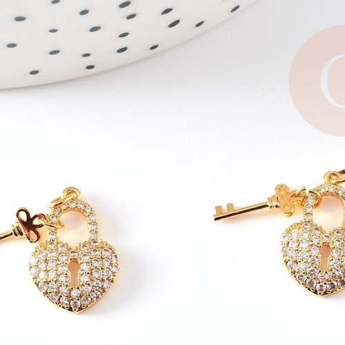 Breloque cadenas coeur laiton doré 18k cristal 17mm, x1 (g2729)