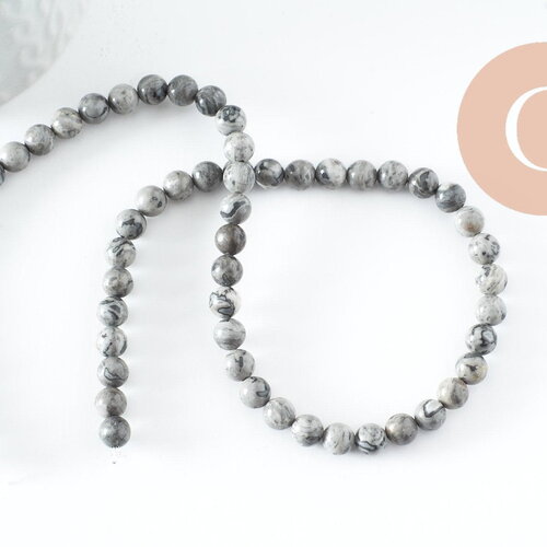 Perle ronde jaspe picasso naturel gris 6mm, x1 fil de 65 perles (g0540)
