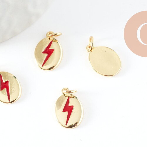 Pendentif ovale laiton doré éclair émail rouge 13.7mm,x1 (g4274)