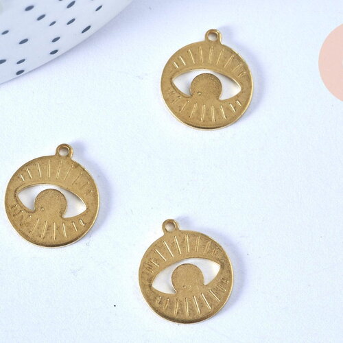 Pendentif rond oeil laiton brut 17mm, x2 (g6857)