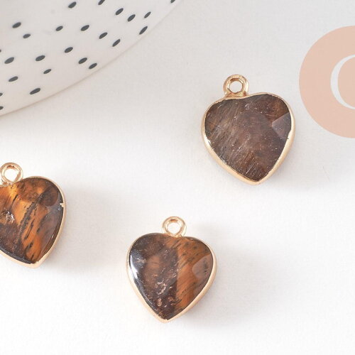 Pendentif coeur oeil de tigre naturel facettes 17mm, x1 (g2527)