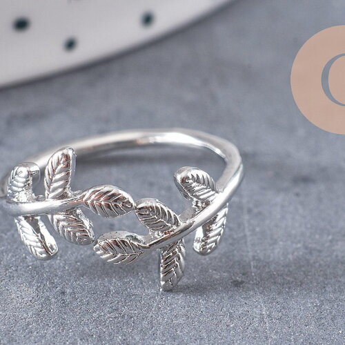 Bague réglable branche argenté et feuille 15mm, x1 (g0219)